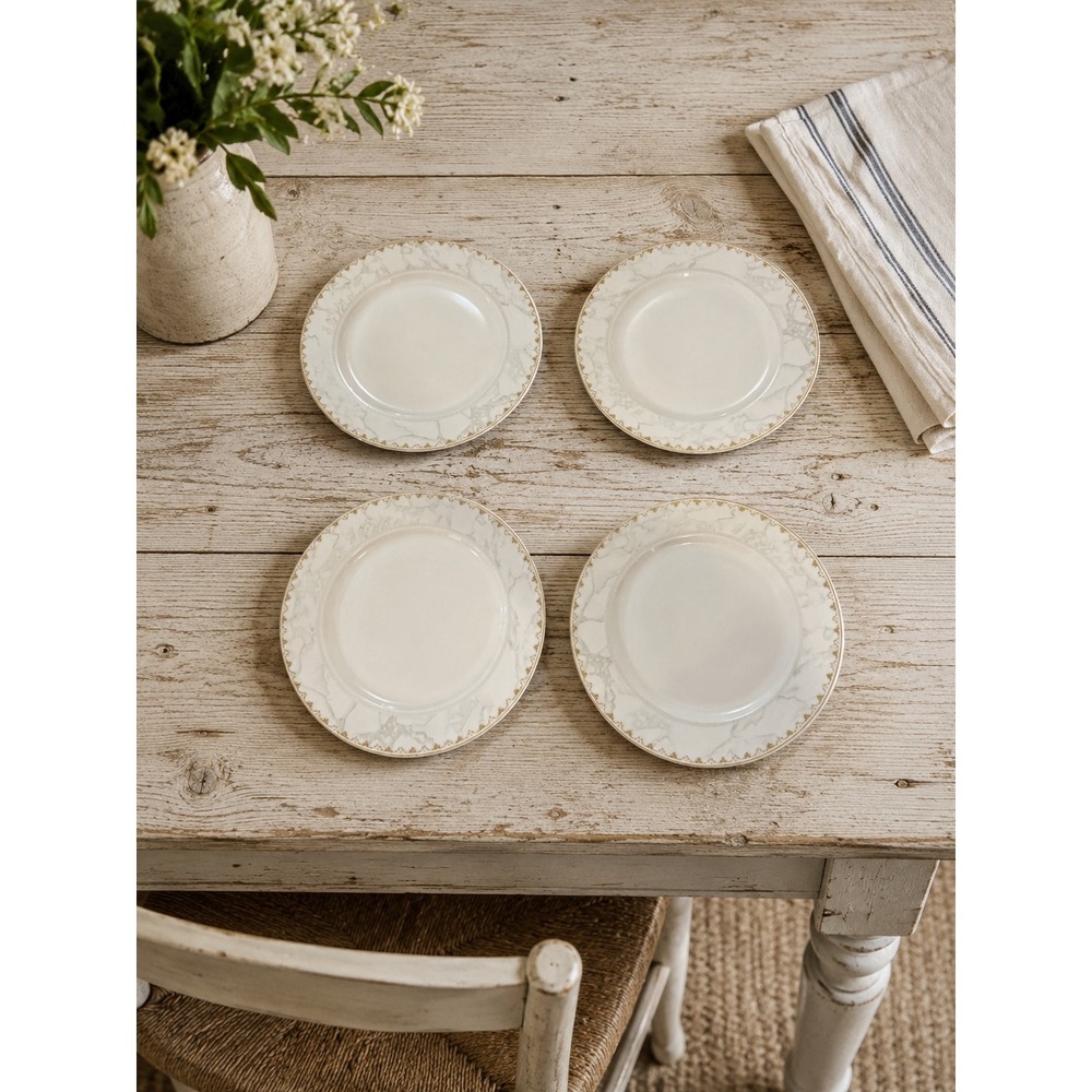 Bien Servi New Bone Chinaware Marble Gold Rim 8 Inch Salad Plates Set of 4